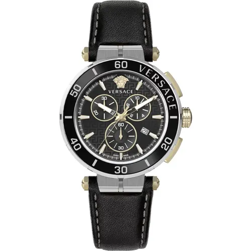 Watches, male, , Size: ONE SIZE Greca Chronograph Leather Strap Watch - Versace - Modalova