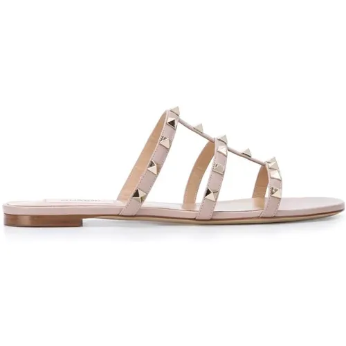 Sliders, female, , Size: 7 US Rockstud Sandals in Powder Leather - Valentino Garavani - Modalova