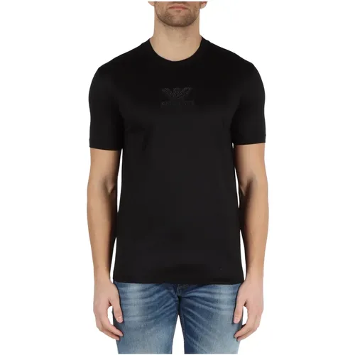 Lyocell und Baumwoll T-Shirt mit Strass-Logo , Herren, Größe: L - Emporio Armani - Modalova