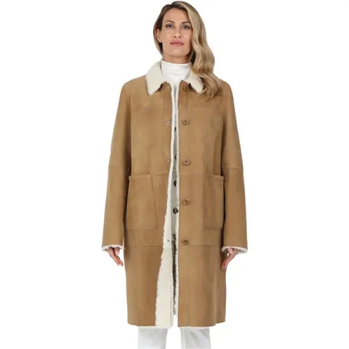 Single-Breasted Coats, female, , Size: M Long Canadian Sheepskin Coat with Button Closure - Gimo's - Modalova