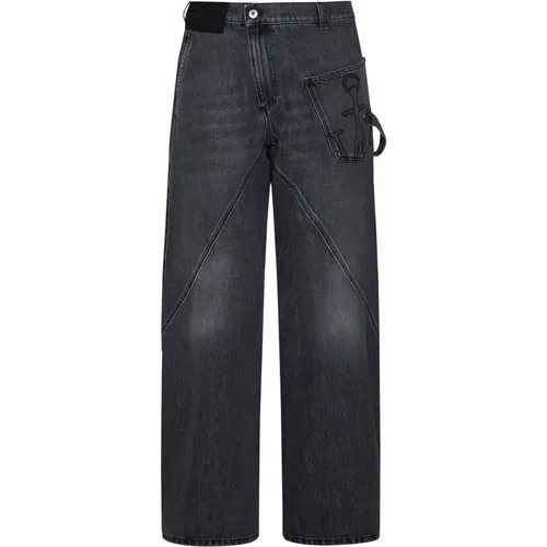 Wide Jeans, male, , Size: W34 Grey Denim Jeans with Twist Detailing - JW Anderson - Modalova