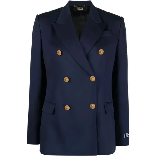 Blazers, female, , Size: XS Navy Double-Breasted Blazer - Versace - Modalova