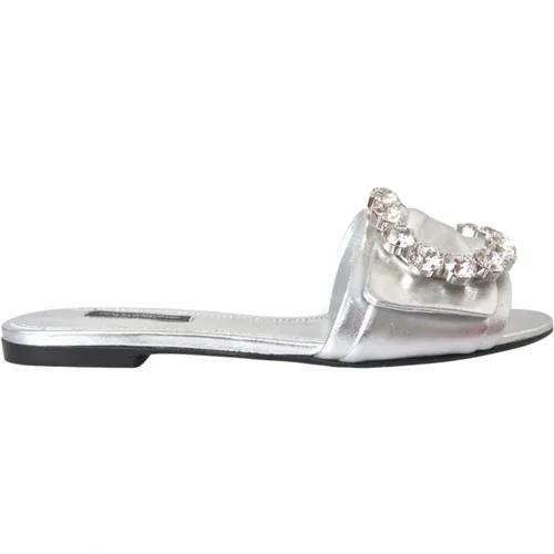 Sliders, female, , Size: 6 US Silver Crystal Leather Flat Sandals - Dolce & Gabbana - Modalova