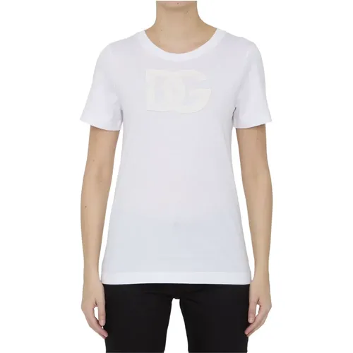 Weiße T-Shirt mit Spitzenlogo , Damen, Größe: M - Dolce & Gabbana - Modalova