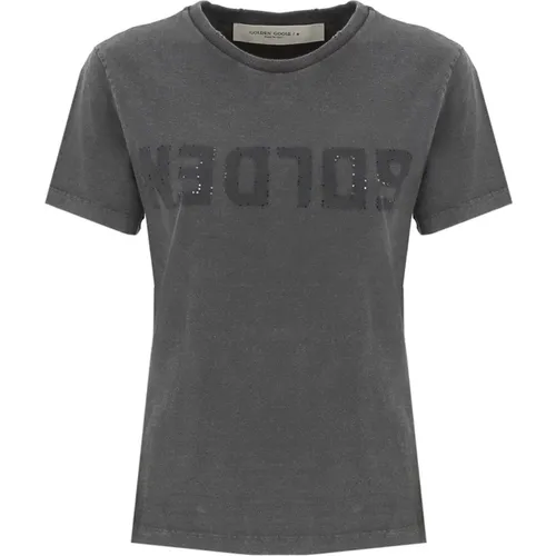 Graues Baumwoll-T-Shirt mit Rundhalsausschnitt und Logo-Patch , Damen, Größe: XS - Golden Goose - Modalova