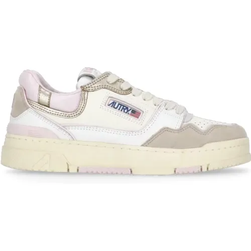 Sneakers, female, , Size: 6 US Ivory Leather Sneakers with Pink Details - Autry - Modalova