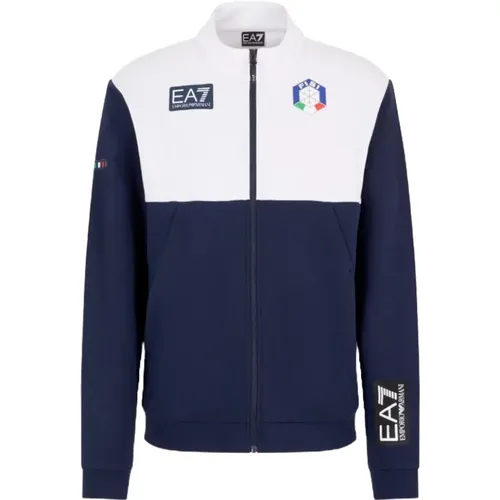 Zip-throughs, male, , Size: XL Blue Zip Sweater Fisi Logo - Emporio Armani EA7 - Modalova