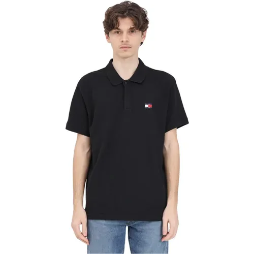 Schwarzes Polo-Shirt mit Logo-Patch und Flagge - Tommy Jeans - Modalova