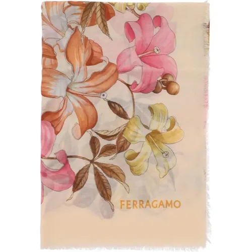 Hibiscus Print Cashmere Stole , Damen, Größe: ONE Size - Salvatore Ferragamo - Modalova