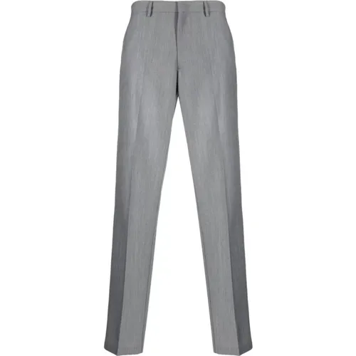 Suit Trousers, male, , Size: XL Grey Wool and Mohair Trousers with Triangle Logo Patch - Prada - Modalova