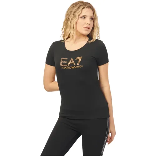 Schwarzes Baumwoll-Rundhals-Slim-Fit-T-Shirt , Damen, Größe: M - Emporio Armani EA7 - Modalova