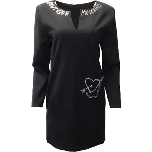 Pre-owned Dresses, female, , Size: 2XS BlackShift Dress with White Embroidery and Heart - Moschino Pre-Owned - Modalova