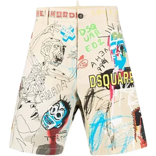 Casual Shorts, male, , Size: 2XS Multicolored Graffiti Print Knee-Length Beige Chino Shorts - Dsquared2 - Modalova