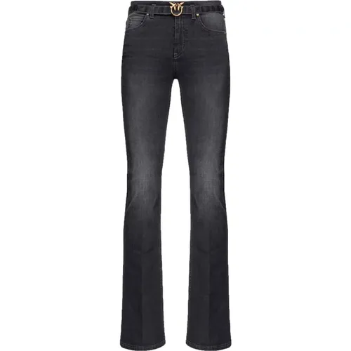 Schwarze Flare-Fit Jeans mit Love Birds Stickerei - pinko - Modalova