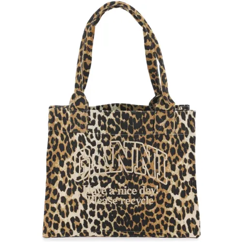 Tote Bags, female, , Size: ONE SIZE Animal Print Cotton Tote Bag - Ganni - Modalova