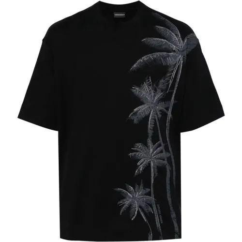 Schwarzes T-Shirt mit Palmenprint , Herren, Größe: 3XL - Emporio Armani - Modalova