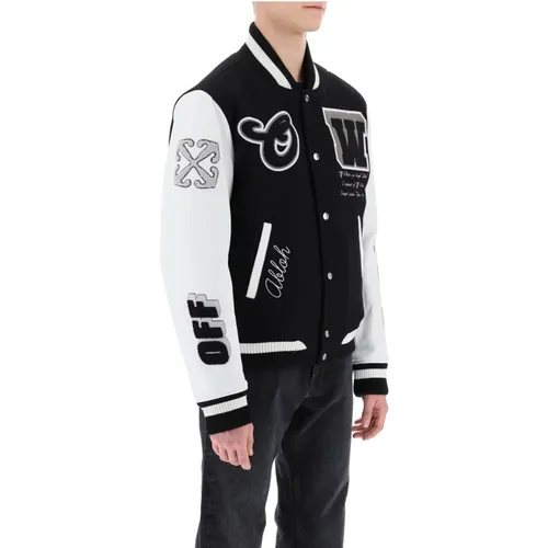 Varsity Bomber Jacke mit Ledermänteln - Off White - Modalova