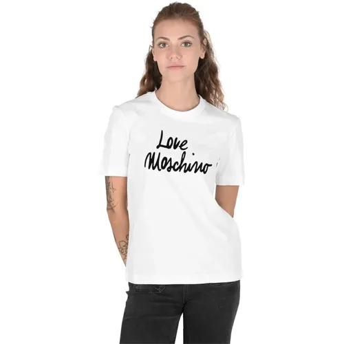 T-Shirts, female, , Size: L Cotton T-Shirt with Inlay - Love Moschino - Modalova