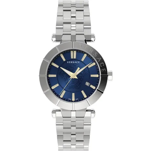 V-Race Stainless Steel Blue Dial Watch , male, Sizes: ONE SIZE - Versace - Modalova