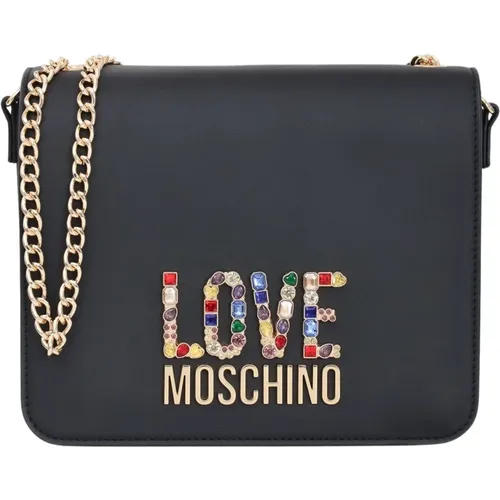 Schwarze Schultertasche mit Multicolor-Strasssteinen - Love Moschino - Modalova