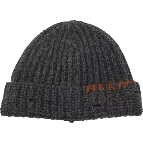 Beanies, male, , Size: M Grey Wool Beanie Ribbed Trim Hat - Marni - Modalova