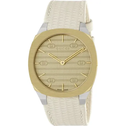 H 34 mm stainless steel and 18 Kt gold plated multi layered case, golden brass dial with GG, white leather strap , female, Sizes: ONE SIZE - Gucci - Modalova