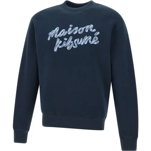 Handwriting Sweatshirt Blau Crew Neck , Herren, Größe: S - Maison Kitsuné - Modalova