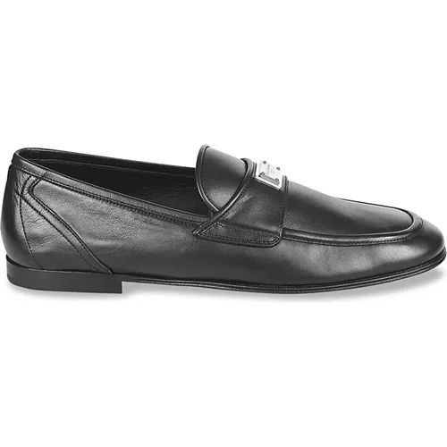 Loafers, male, , Size: 8 US Leather Ariosto Moccasins Metal Plaque - Dolce & Gabbana - Modalova