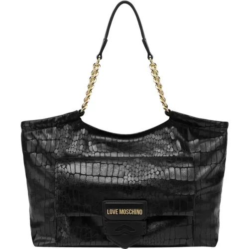 Shoulder Bags, female, , Size: ONE SIZE Croco Shopper Bag with Gold Logo - Love Moschino - Modalova