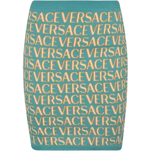 Turquoise+Light Blue Logo Print Skirt , female, Sizes: XS - Versace - Modalova