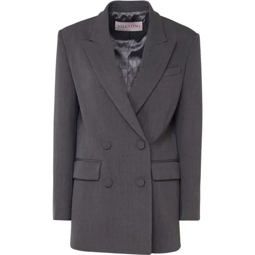 Blazers, female, , Size: S Grey Long Blazer Double-Breasted Vlogo Jacket - Valentino Garavani - Modalova