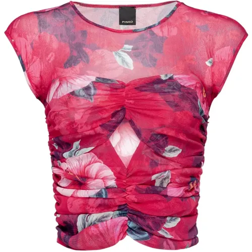 Crop Top mit Hibiskusblumenmuster - pinko - Modalova