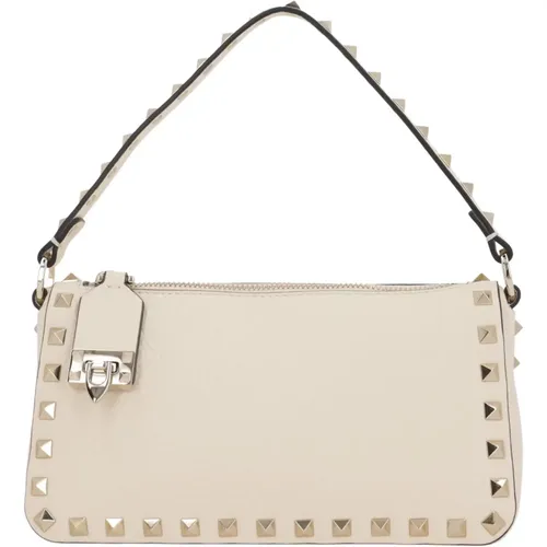 Handbags, female, , Size: ONE SIZE Studded Leather Shoulder Bag Ivory - Valentino Garavani - Modalova