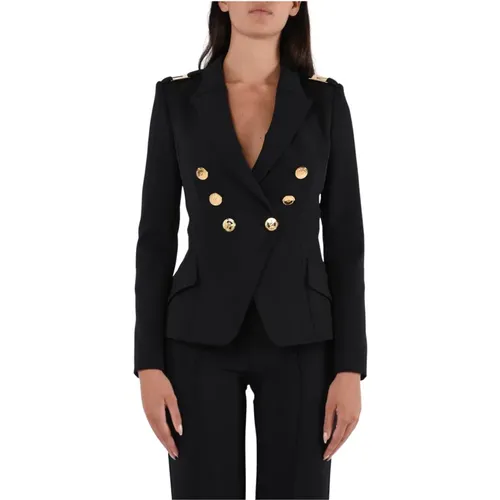 Blazers, female, , Size: S Double-breasted Stretch Crêpe Jacket with Gold Logo Plates - Elisabetta Franchi - Modalova