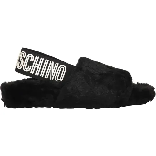 Flache Sandalen mit Kunstfell und Logodetail , Damen, Größe: 36 EU - Love Moschino - Modalova