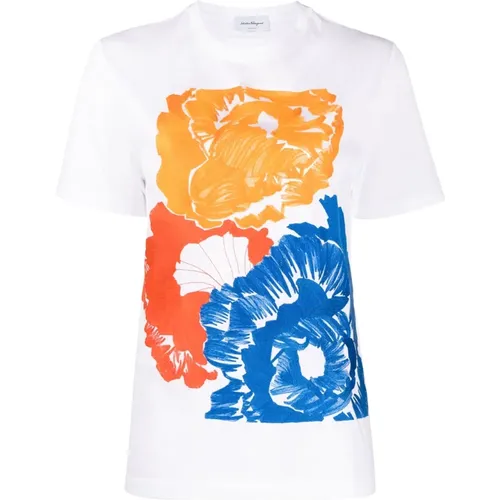 Floral Embroidered Cotton T-Shirt , female, Sizes: L - Salvatore Ferragamo - Modalova