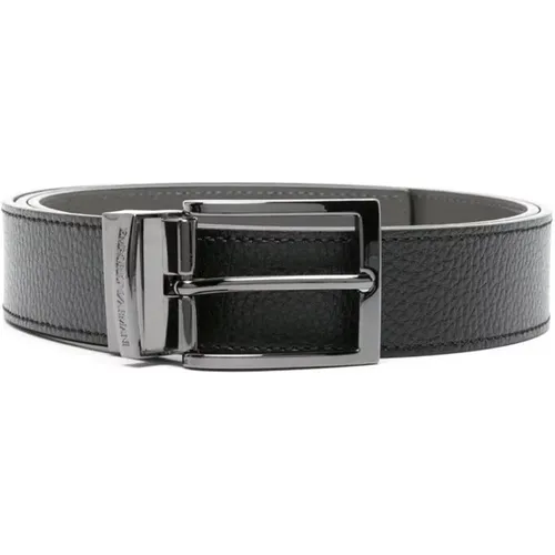 Belts, male, , Size: ONE SIZE Grained Leather Reversible Belt Gunmetal Buckle - Emporio Armani - Modalova