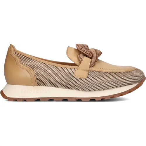 Beige Mesh Slip-Ons mit Camel Leder , Damen, Größe: 38 EU - Hispanitas - Modalova