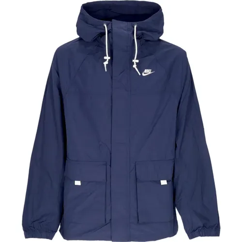 Light Jackets, male, , Size: L Midnight Navy/White Windbreaker Jacket with Hood - Nike - Modalova