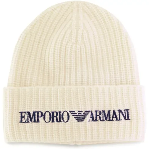 Beanies, male, , Size: M Wool Men's Cap with Blue Logo - Emporio Armani - Modalova