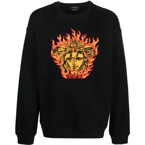 Sweatshirts, male, , Size: M Sweater with Medusa Flame Logo - Versace - Modalova