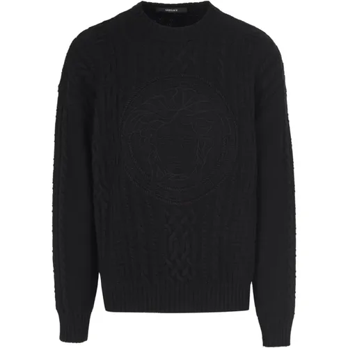 Beige Medusa-embroidered wool cable-knit sweater, Versace