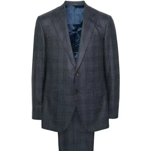 Single Breasted Suits, male, , Size: 4XL Navy Wool Plaid Check Suit - Caruso - Modalova