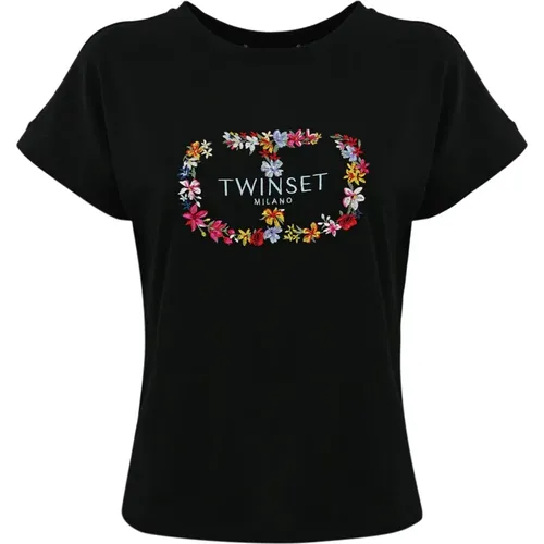 Schwarzes Twin-set T-Shirt mit besticktem Blumenmuster , Damen, Größe: XL - Twinset - Modalova