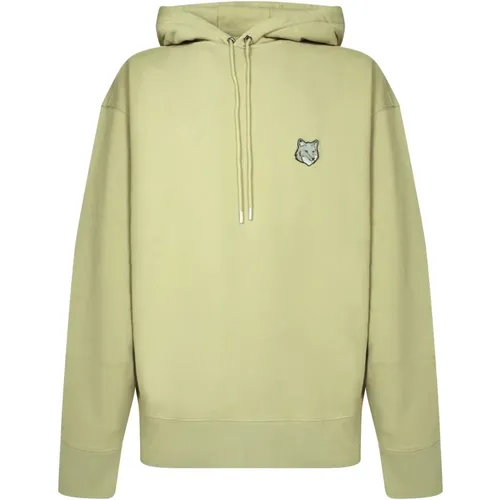 Hoodies, male, , Size: M Beige Cotton Hoodie Embroidered Patch - Maison Kitsuné - Modalova