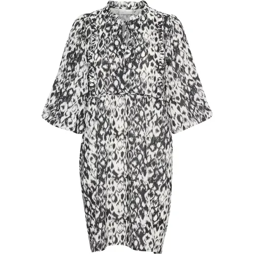 Kurzes Kleid mit ¾ Ärmeln und All-Over-Print , Damen, Größe: XS - Kaffe - Modalova