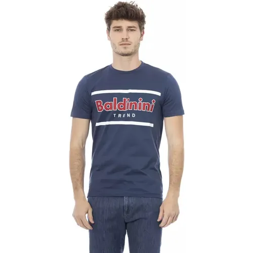 Trendiges Blaues Baumwoll-T-Shirt, Kurzarm, Frontdruck , Herren, Größe: L - Baldinini - Modalova