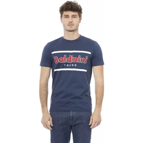 Trendiges Blaues Baumwoll-T-Shirt, Kurzarm, Frontdruck , Herren, Größe: M - Baldinini - Modalova