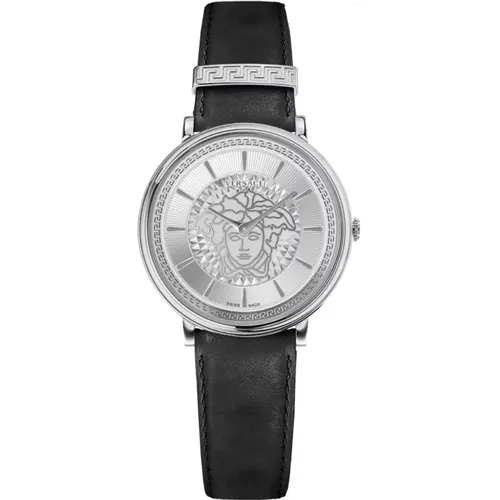 Watches, female, , Size: ONE SIZE V Circle Black Leather Watch - Versace - Modalova