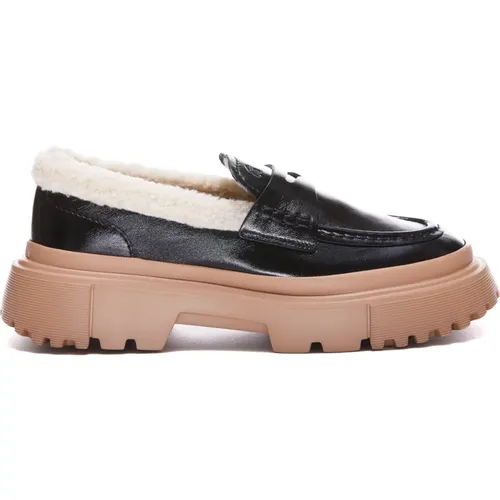 Schwarze Loafers mit Pelzdetails , Damen, Größe: 37 EU - Hogan - Modalova